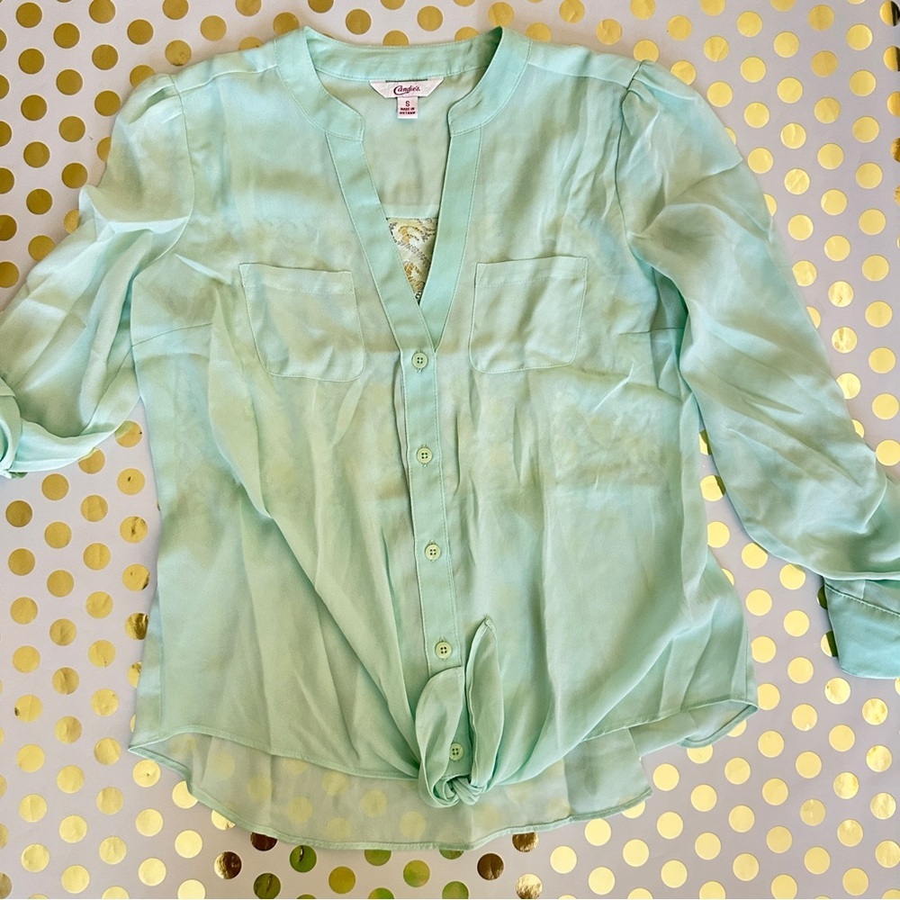 Candie's Green 3/4 Sleeve Tie Front Blouse